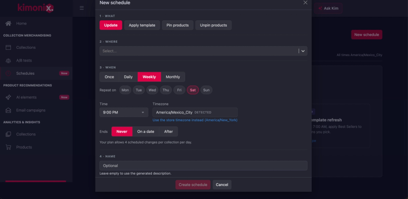 Kimonix new schedule form to update, apply a template, or pin and unpin products once, daily, weekly or monthly in a chosen timezone