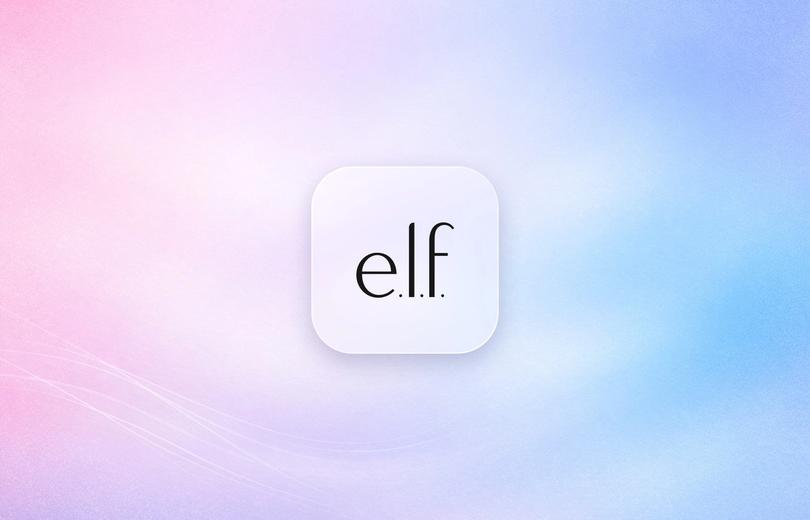 e.l.f. logo on a frosted glass tile over a soft lavender gradient