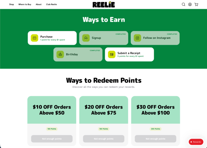 Reelie loyalty page with ways to earn cards including Submit a Receipt, and ways to redeem cards for $10, $20, and $30 off