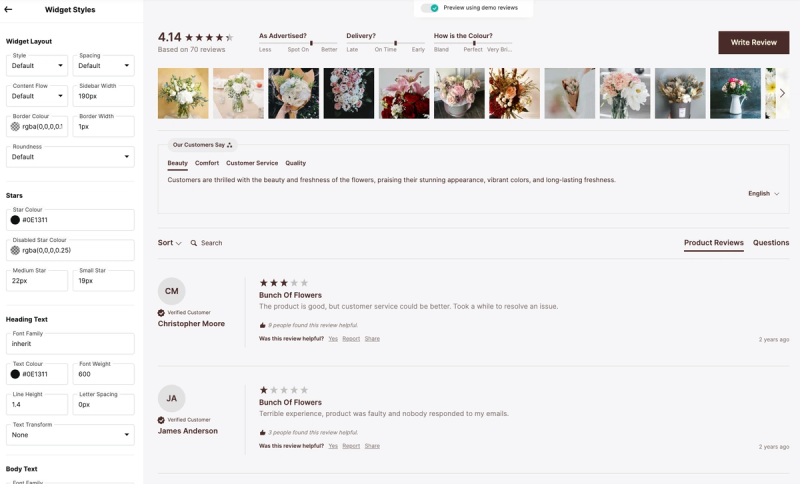 REVIEWS.io manual widget styles panel with layout, star colour and size, and heading text settings