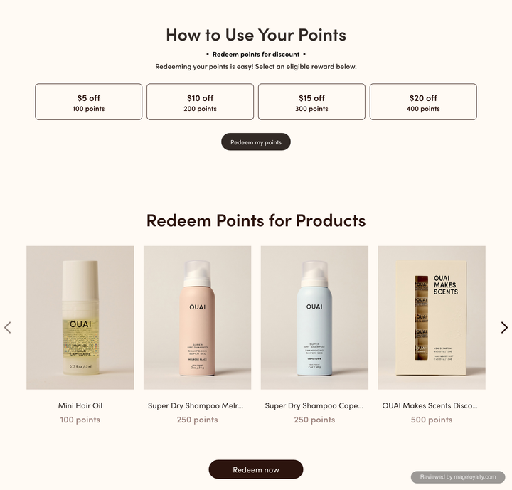 How to Use Your Points on the Club OUAI page: $5 off for 100 points, $10 off for 200, $15 off for 300 and $20 off for 400, then Redeem Points for Products showing Mini Hair Oil, two Super Dry Shampoos and the OUAI Makes Scents Discovery Set