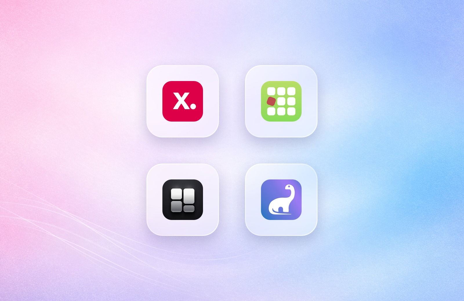 Logos of Kimonix, Sort'd, Depict and Dynasort on frosted glass tiles over a lavender gradient