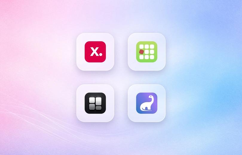 Logos of Kimonix, Sort'd, Depict and Dynasort on frosted glass tiles over a lavender gradient