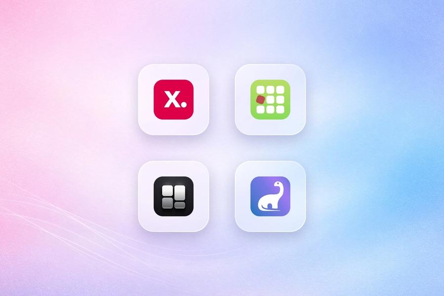 Logos of Kimonix, Sort'd, Depict and Dynasort on frosted glass tiles over a lavender gradient