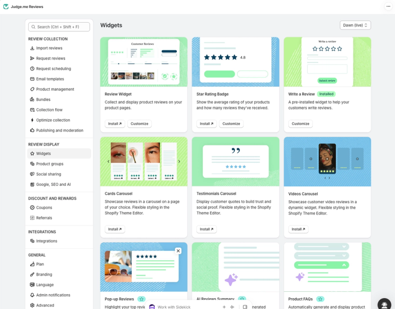 Judge.me widget library showing the review widget, star rating badge, write-a-review form, cards carousel, testimonials carousel and videos carousel
