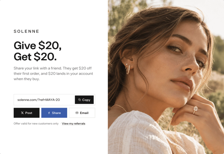 Jewelry brand referral page offering Give $20, Get $20, with a referral link, Copy button, and X, Facebook, and email share