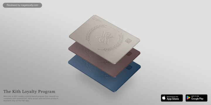 Kith Loyalty Program page header showing three stacked loyalty cards, with App Store and Google Play download buttons