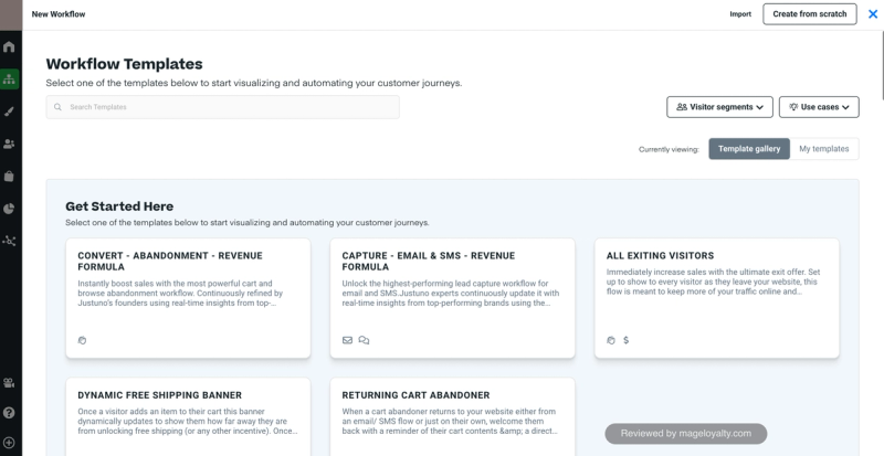 Justuno workflow templates for abandonment, email and SMS capture, all exiting visitors, a dynamic free shipping banner and returning cart abandoners