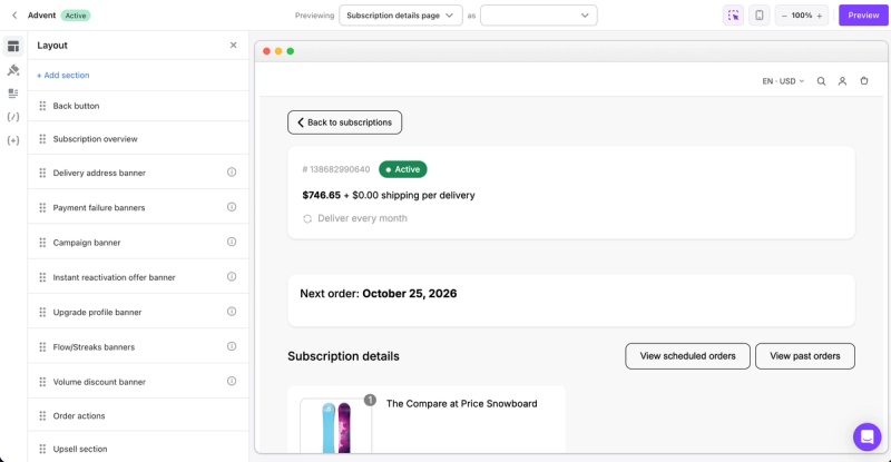 Loop customer portal builder with draggable sections such as payment failure, campaign and upsell banners beside a live preview of a subscription details page