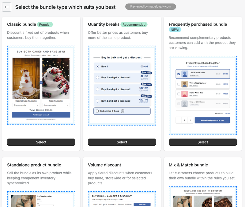 Bundler bundle type picker with classic bundle, quantity breaks, frequently purchased bundle, standalone product bundle, volume discount and mix and match bundle options