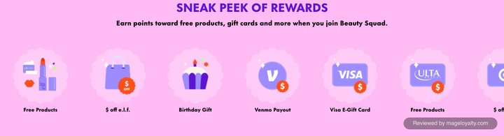 Sneak peek of rewards: free products, dollars off e.l.f., birthday gift, Venmo payout and Visa e-gift card