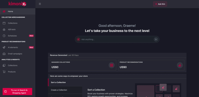 Kimonix home screen with the Ask Kim AI agent, menus for collection merchandising, product recommendations and analytics, and revenue generated from managed collections