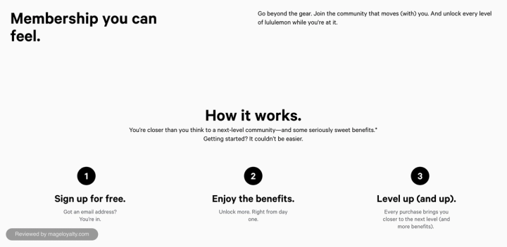 lululemon Membership page: Membership you can feel, and how it works in three steps: sign up for free, enjoy the benefits, level up