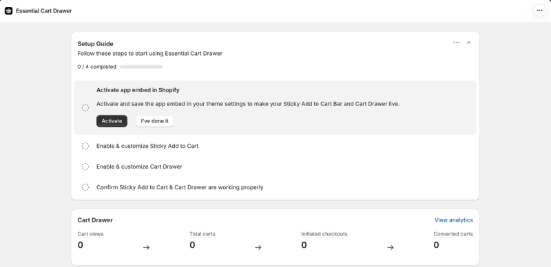 Essent setup guide with four steps to activate the app embed, set up the sticky add to cart bar and cart drawer, and check they work, above a cart funnel from cart views to converted carts