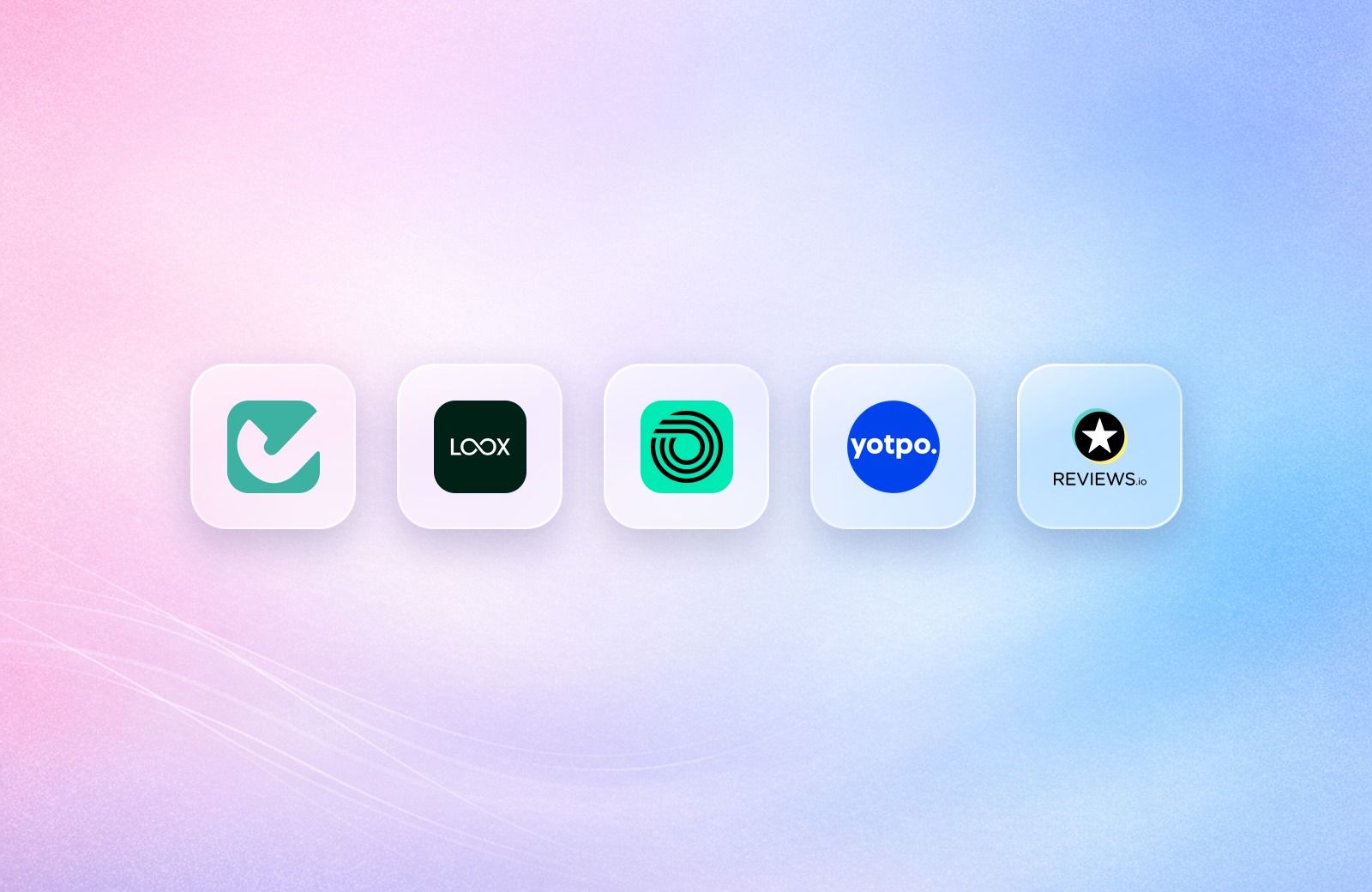 Logos of Judge.me, Loox, Okendo, Yotpo and REVIEWS.io on frosted glass tiles over a pink and blue gradient