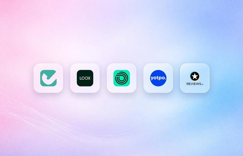 Logos of Judge.me, Loox, Okendo, Yotpo and REVIEWS.io on frosted glass tiles over a pink and blue gradient