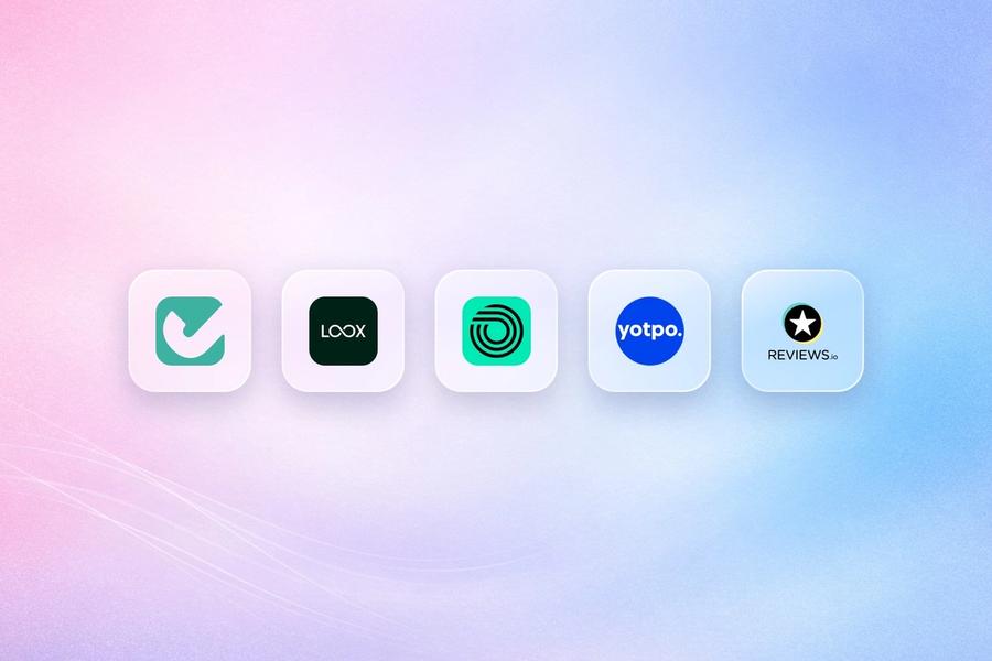 Logos of Judge.me, Loox, Okendo, Yotpo and REVIEWS.io on frosted glass tiles over a pink and blue gradient