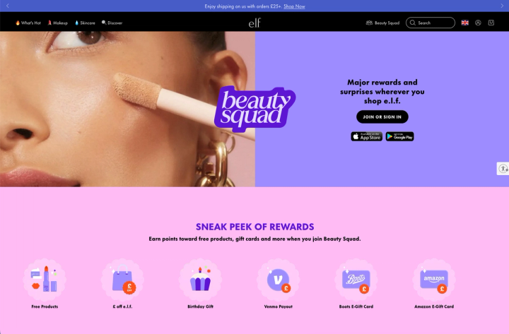 e.l.f. Beauty Squad loyalty page with a sneak peek of rewards including free products, birthday gifts and gift cards