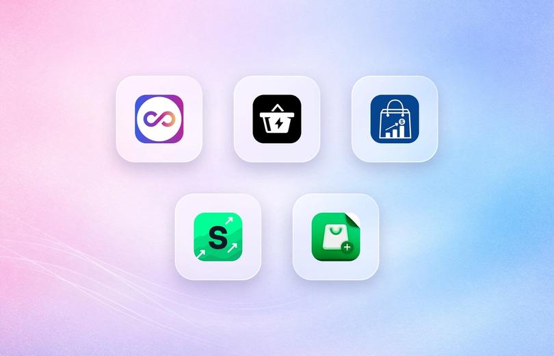 Logos of Rebuy, Essent, iCart, Amp Slide Cart and Kaching Cart on frosted glass tiles over a lavender gradient