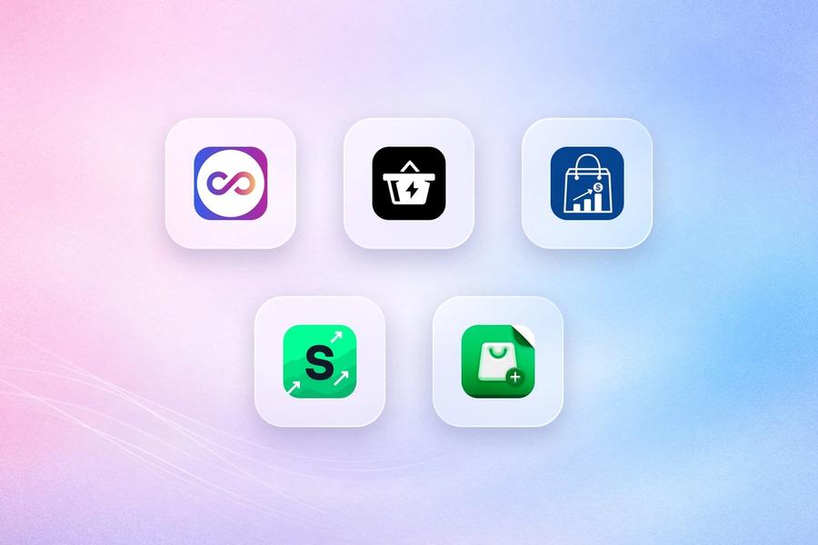 Logos of Rebuy, Essent, iCart, Amp Slide Cart and Kaching Cart on frosted glass tiles over a lavender gradient