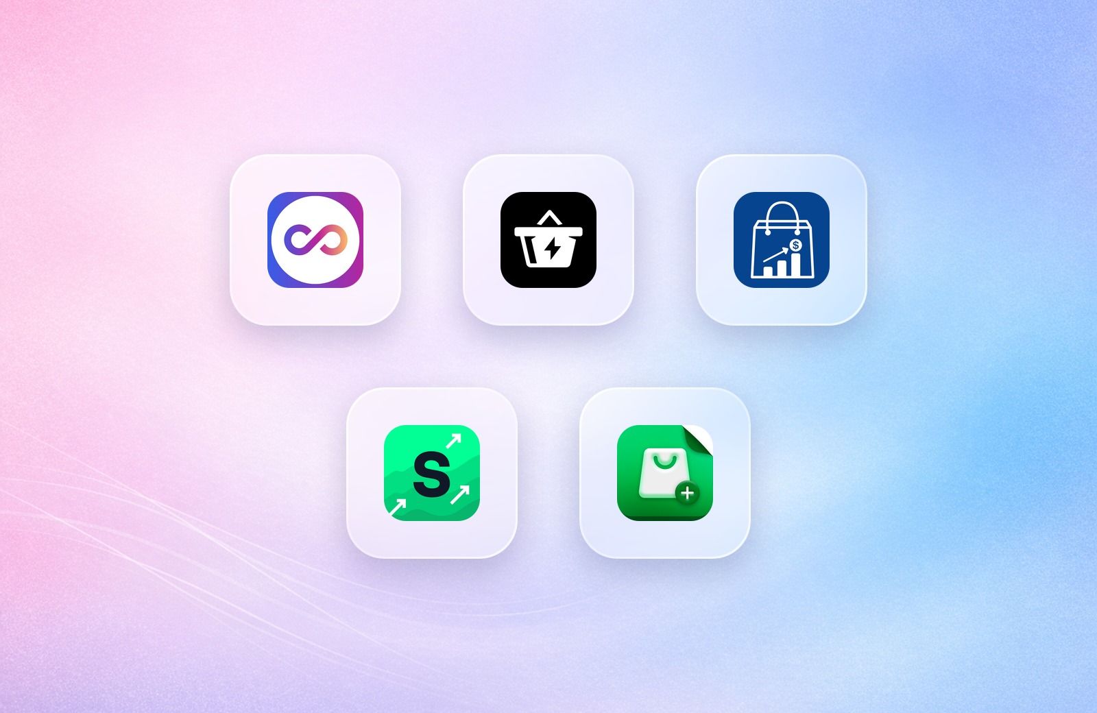 Logos of Rebuy, Essent, iCart, Amp Slide Cart and Kaching Cart on frosted glass tiles over a lavender gradient
