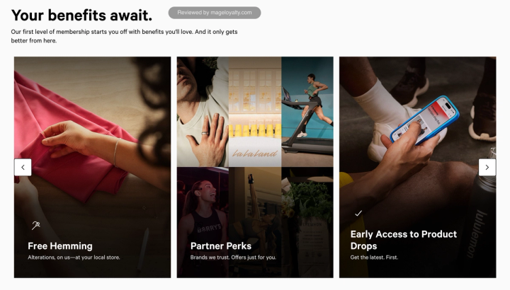 lululemon Membership benefit cards: free hemming with alterations on us at your local store, partner perks with brands we trust and offers just for you, and early access to product drops