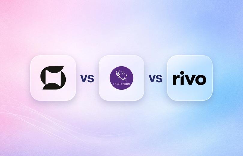 Mage, LoyaltyLion and Rivo logos on frosted glass tiles comparing the Shopify loyalty apps