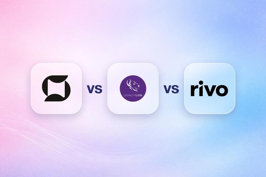 Mage, LoyaltyLion and Rivo logos on frosted glass tiles comparing the Shopify loyalty apps