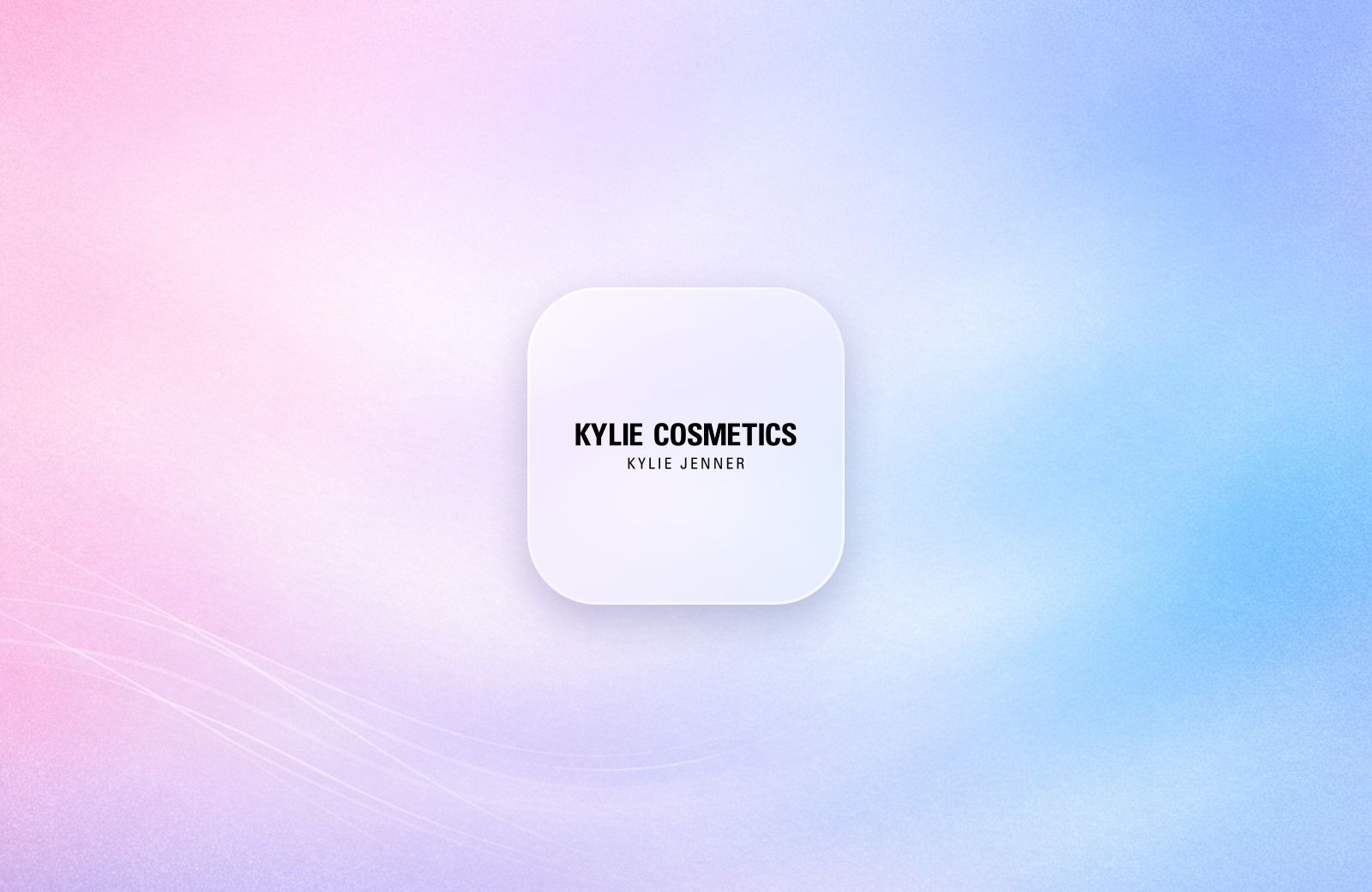 Kylie Cosmetics logo on a frosted glass tile over a soft pink and blue gradient