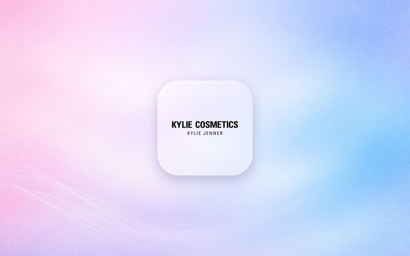 Kylie Cosmetics logo on a frosted glass tile over a soft pink and blue gradient