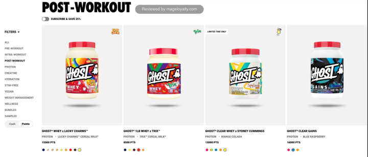 GHOST post-workout collection page with the Cash and Points switch set to Points, showing whey protein at 15,000 points, 1lb whey at 8,500 points, clear whey at 13,000 points and Clear Gains at 16,000 points