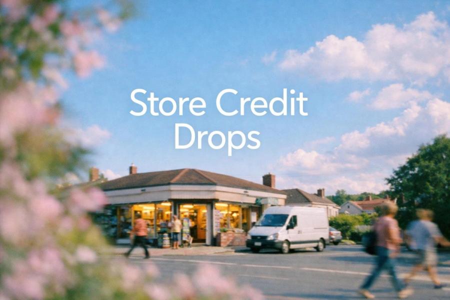White text reading “Store Credit Drops” over a soft gradient background.