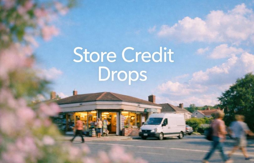 White text reading “Store Credit Drops” over a soft gradient background.
