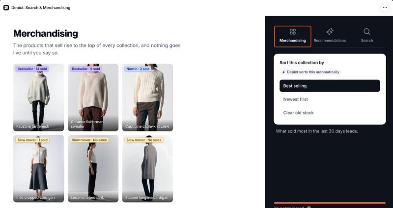 Depict onboarding example store showing a collection sorted by best selling, with bestseller and slow-mover badges on each product and options for newest first or clearing old stock