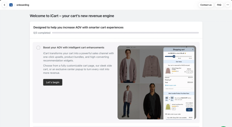 iCart onboarding screen offering a customisable cart page, a side cart or a centre popup, with an example cart showing a discount progress bar, a timer and an upsell