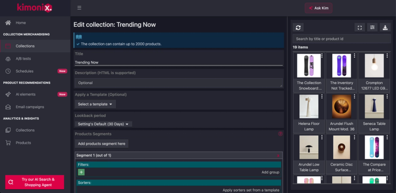 Kimonix edit collection screen with the lookback period, product segments, filters and sorters beside the sorted product grid