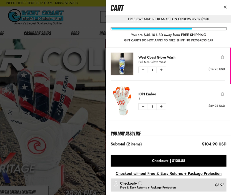 West Coast Goalkeeping's Rebuy Smart Cart with a free shipping progress bar, a free gift message for orders over $250, a You may also like upsell section and a returns and package protection option at checkout
