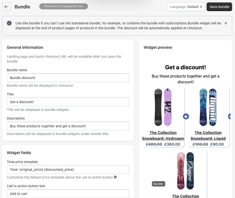 Bundler classic bundle editor with the bundle name, title and description beside a preview of three products bought together at a discount