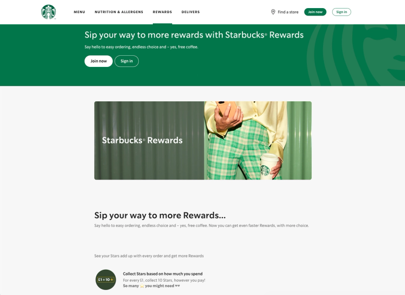 Starbucks Rewards page with the headline Sip your way to more rewards, Join now button and Stars earning explainer