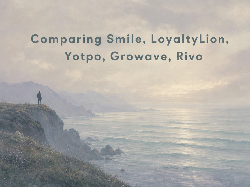 Minimalist landscape with the article title "The Big Five: Comparing Smile, LoyaltyLion, Yotpo, Growave and Rivo for Shopify"