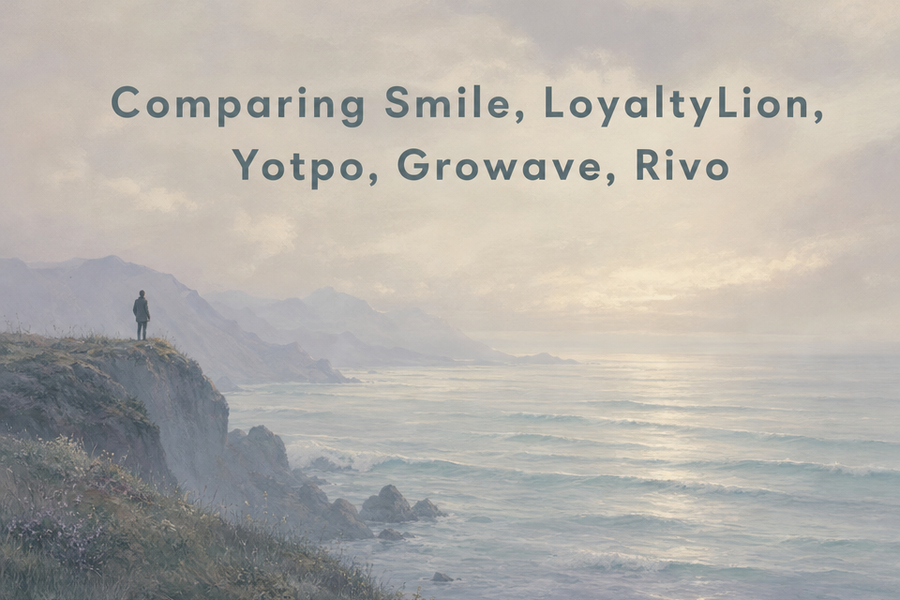 Minimalist landscape with the article title "The Big Five: Comparing Smile, LoyaltyLion, Yotpo, Growave and Rivo for Shopify"