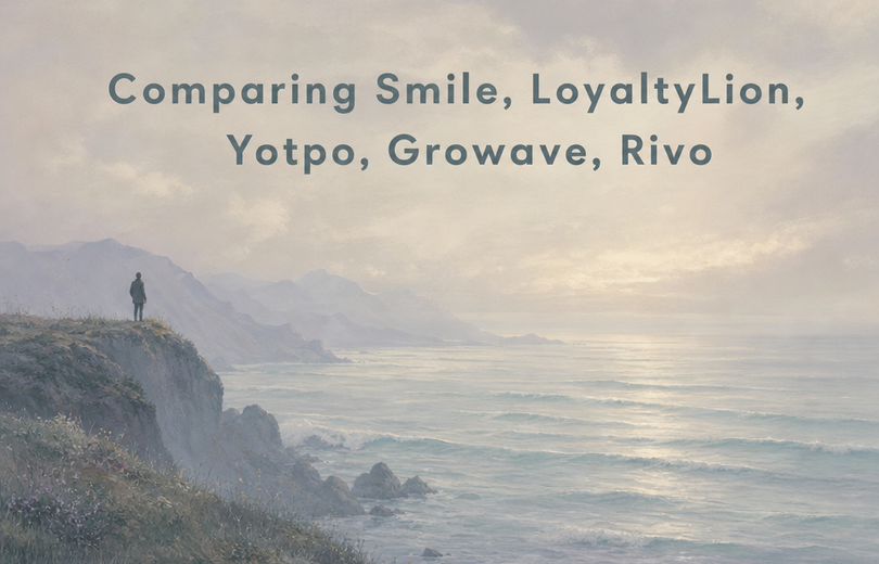 Minimalist landscape with the article title "The Big Five: Comparing Smile, LoyaltyLion, Yotpo, Growave and Rivo for Shopify"