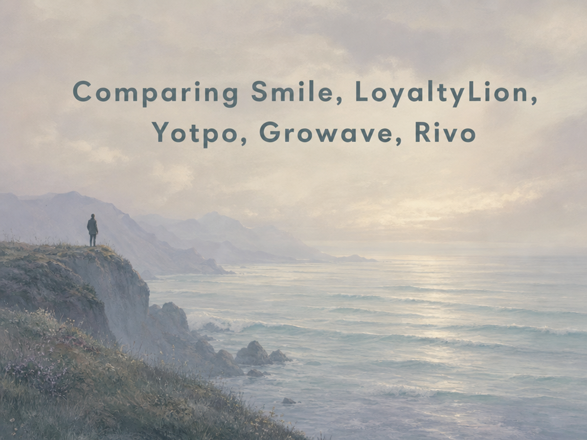 Minimalist landscape with the article title "The Big Five: Comparing Smile, LoyaltyLion, Yotpo, Growave and Rivo for Shopify"