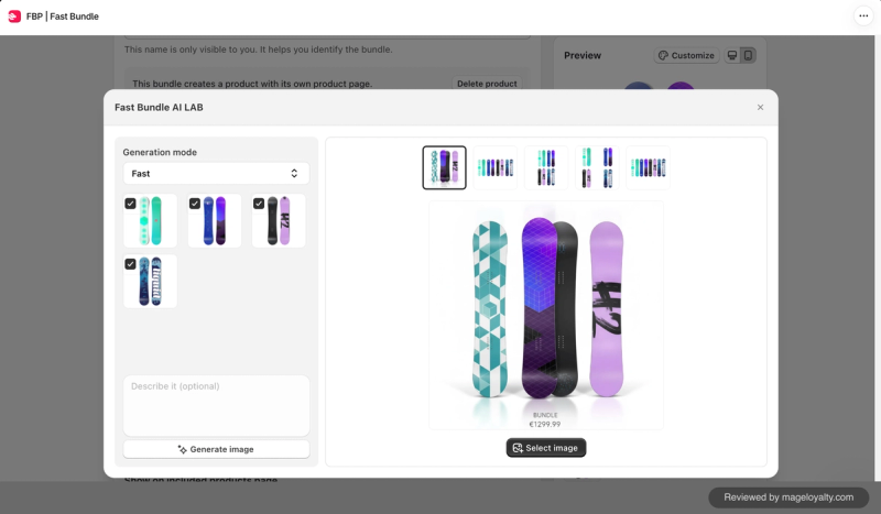Fast Bundle AI Lab generating a bundle product image from four selected snowboards, with a choice of layouts