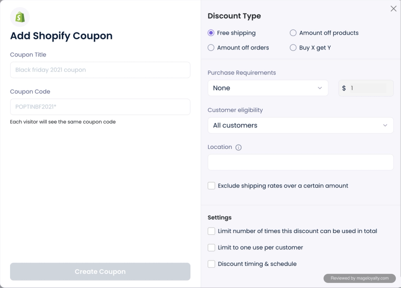 Poptin add Shopify coupon window with free shipping, amount off and buy X get Y discount types, purchase requirements, customer eligibility and usage limits