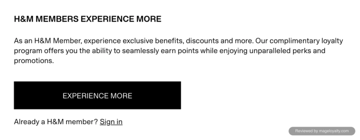 H&M membership page: H&M members experience more, an Experience More button and a Sign in link for existing members
