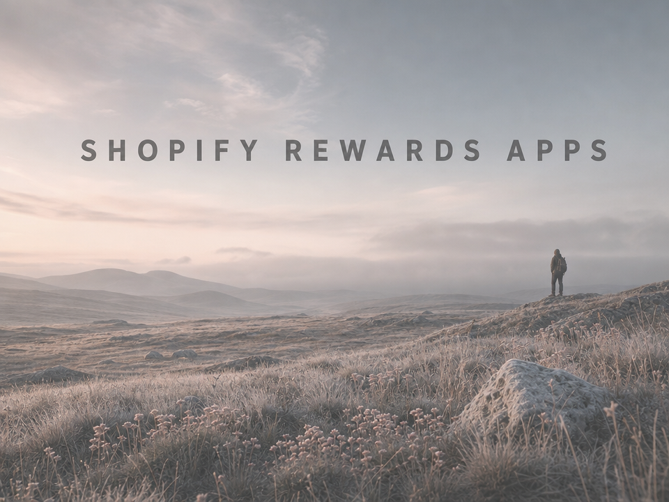 Minimalist landscape with article title "Shopify Rewards Apps: Top 8 Tools to Reward Customers in 2026" displayed in the sky 