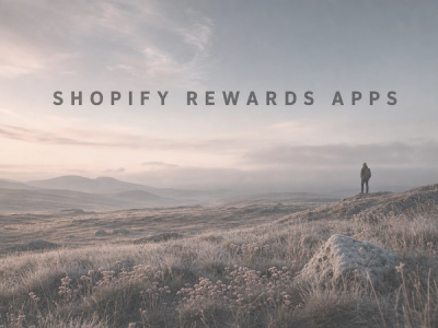 Minimalist landscape with article title "Shopify Rewards Apps: Top 8 Tools to Reward Customers in 2026" displayed in the sky 
