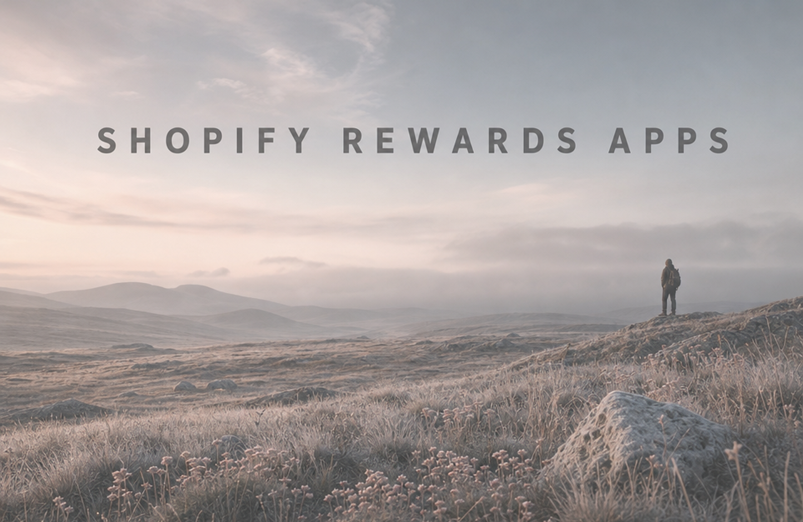 Minimalist landscape with article title "Shopify Rewards Apps: Top 8 Tools to Reward Customers in 2026" displayed in the sky