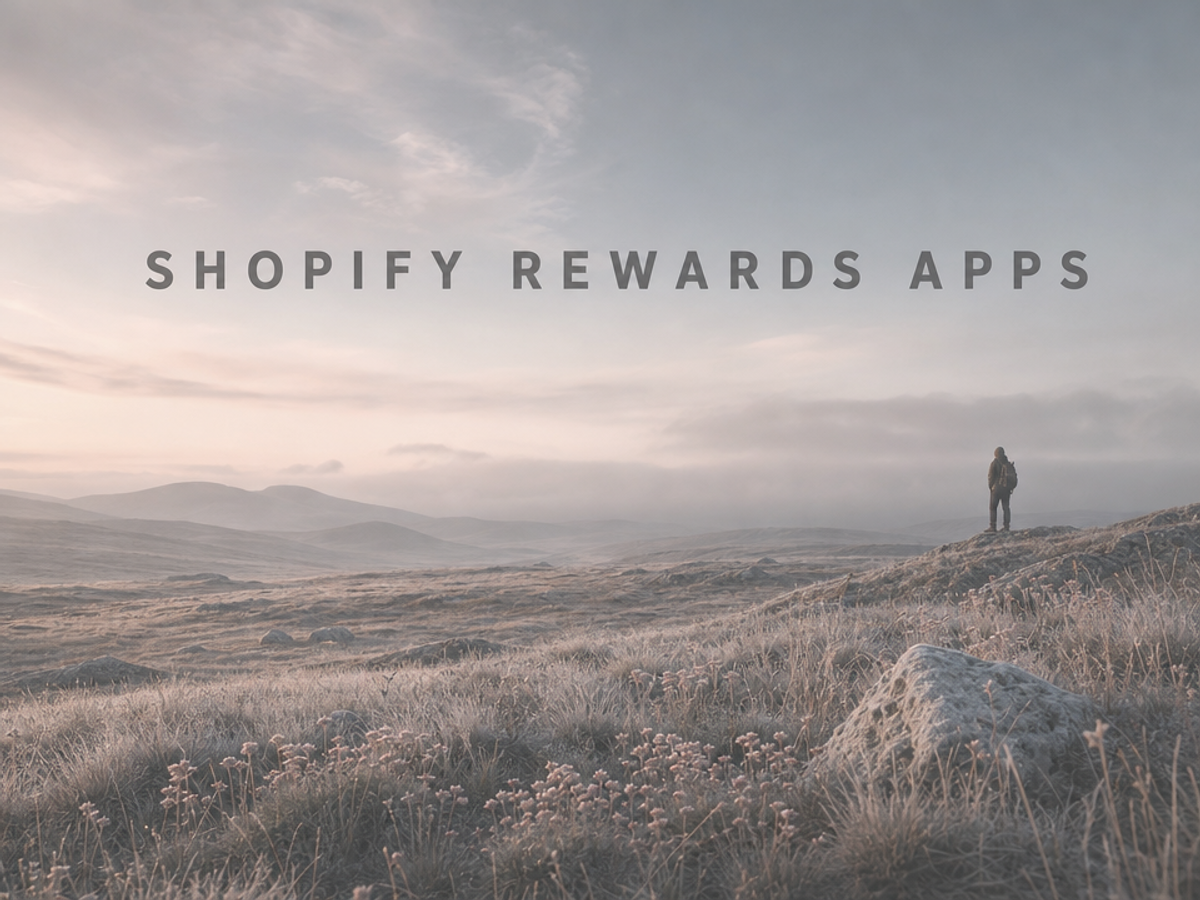 Minimalist landscape with article title "Shopify Rewards Apps: Top 8 Tools to Reward Customers in 2026" displayed in the sky